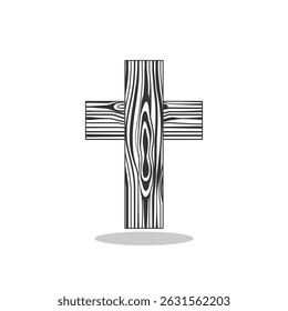 Wood christian cross icon with shadow