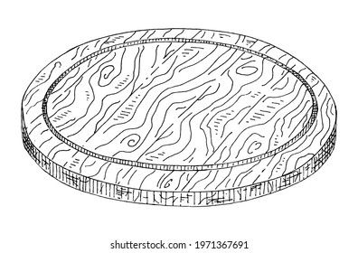 Wood circle cutting board. Vintage hatching vector monochrome black illustration. Isolated on white background. Hand drawn design