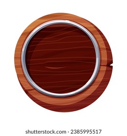 Wood circle panel with metal border, frame in cartoon style isolated on white background. Signboard bar, menu template, game ui background.