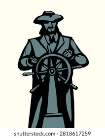 Wood circle round navy manag leader human age face guid port tour trip lead white water sky concept. Closeup view pencil hand drawn explor wooden caravel icon sign symbol line cartoon sketch art style