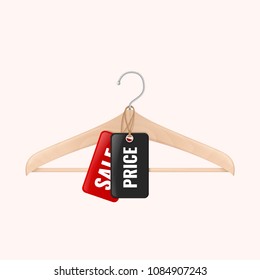 Wood Clothes Hanger With Black And Red Tag. Lable With Price And Sale Offer Hanging On Hanger.