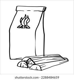 Wood and coal. Barbeque fuel or grill equipment set. Outline vector hand drawn doodle charcoal illustrations isolated on white. Collection of traditional tools elements for summer  holydays.