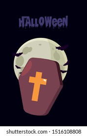 wood coffin and christian cross with label of halloween