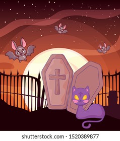 wood coffin with christian cross on halloween scene