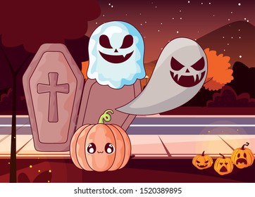 wood coffin with christian cross on halloween scene