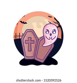 wood coffin with christian cross on halloween scene
