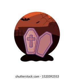 wood coffin with christian cross on halloween scene