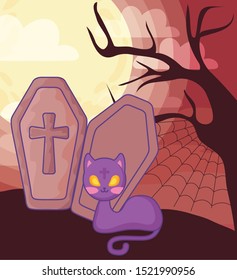 wood coffin with christian cross on halloween scene vector illustration design