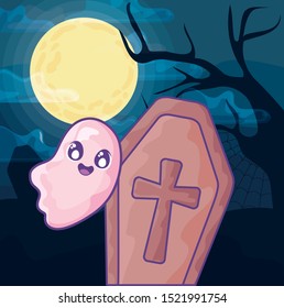 wood coffin with christian cross on halloween scene vector illustration design