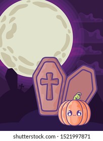 wood coffin with christian cross on halloween scene vector illustration design