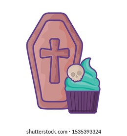 wood coffin with christian cross on white background vector illustration design