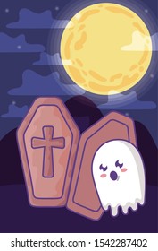 wood coffin with christian cross on halloween scene vector illustration design