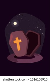 wood coffin with christian cross in scene of halloween