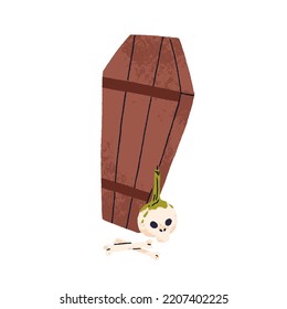 Wood coffin and skull. Wooden casket, creepy case for dead and bones. Halloween death box and candle. Helloween RIP. Childish flat vector illustration isolated on white background