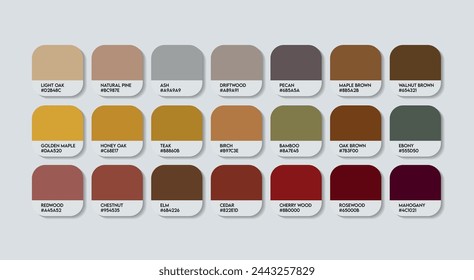 Holzfarbpalette, Braune Farbe mit Namen. Katalog Holzproben mit RGB HEX Codes und Namen. Metall Braun Farbpalette Vektor, Holz und Metall Holz Farbpalette, Mode Trend Dunkel Farbpalette