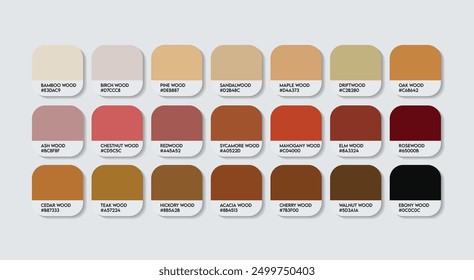 Wood Color Palette, Woon Color Guide Palette with Color Names. Catalog Samples of the Brown with RGB HEX codes and Names. Wood Color Palette Vector, Water-based Colors, and Fashion Trend colors