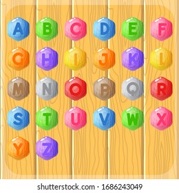 Wood colours buttons alphabet A to Z word game in shape haxagon.