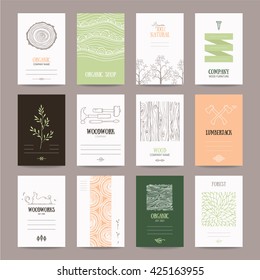 Wood company business card, woodwork ad, furniture manufacture banner, natural goods flyer, organic shop poster. Artistic collection of templates with lumberjack tools, woody textures, tree branches.