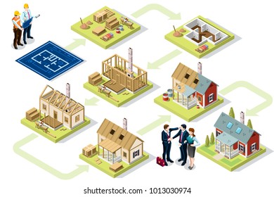 Wood construction buildings and wall structures. Industrial materials at construction stage. 3D vector Illustration.