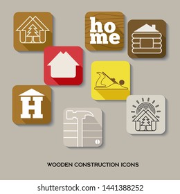 Wood construction and carpentry tools icon set. Vector illustration on gray background.