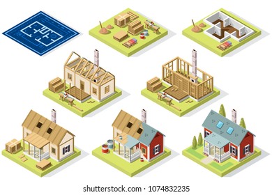 Wood Construction Of Roof For An Isometric House, Walls With Industrial Briks. Construction Set Or Roof Collection. Isometric Building Set Or Isometric City Collection. 