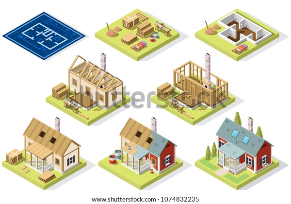 Wood Construction Roof Isometric House Walls Stock Vector (Royalty Free ...