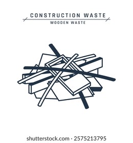 Wood construction waste. Pile of wooden scrap. Old timbers, broken lumber, boards, beams, slabs, sheets. Demolition garbage on a site or landfill. Vector flat icon isolated on a white background.