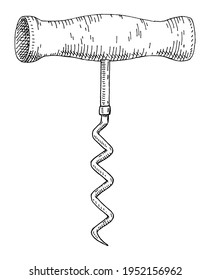 Wood corkscrew. Vintage vector hatching gray monochrome illustration. Isolated on white background. Hand drawn design