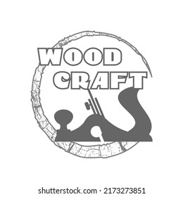 Wood craft logo in gray. Woodworks professional service.  Cross section of the tree and jointer. Stock vector  in gray for your web site design, logo, app, UI. EPS10.