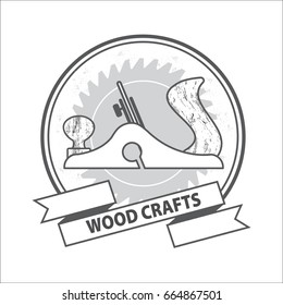 Wood craft logo. Woodworks professional service. Grange print stamp. Stock vector. Flat design.