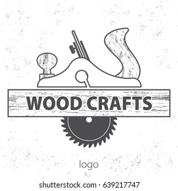 Wood craft logo. Wood works professional service. Grange print stamp. Stock vector. Flat design.