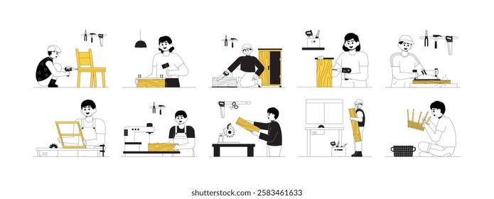Wood craftsmen make various kinds of household furniture, cute character vector illustration craft concept.