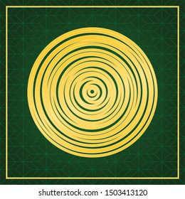 Wood cross section. Golden icon with gold contour at dark green gridded white background. Illustration.