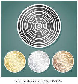 Wood cross section. Set of metallic Icons with gray, gold, silver and bronze gradient with white contour and shadow at viridan background. Illustration.