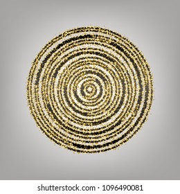 Wood cross section. Vector. Blackish icon with golden stars at grayish background.