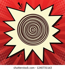 Wood cross section. Vector. Dark red icon in lemon chiffon shutter bubble at red popart background with rays.