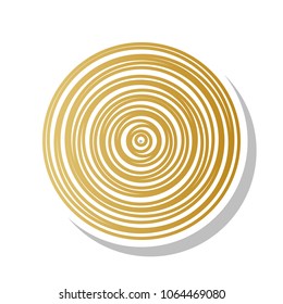 Wood cross section. Vector. Golden gradient icon with white contour and rotated gray shadow at white background.