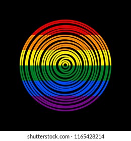 Wood cross section. Vector. Icon with colors of LGBT flag at black background.
