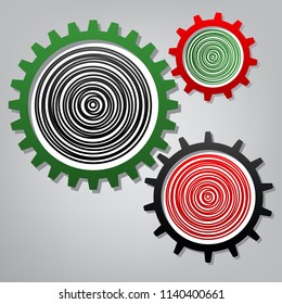 Wood cross section. Vector. Three connected gears with icons at grayish background.