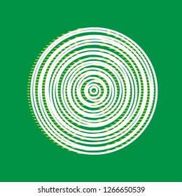 Wood cross section. Vector. White flat icon with yellow striped shadow at green background.