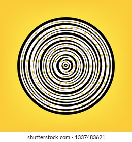 Wood cross section. Vector. Yellow polka dot white icon with black contour at warm yellow background.