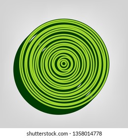 Wood cross section. Vector. Yellow green solid icon with dark green external body at light colored background.