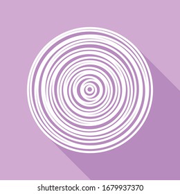 Wood cross section. White Icon with long shadow at purple background. Illustration.