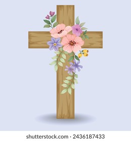 Wood crosses decorated with flowers, Easter religious symbol for the design of church holidays