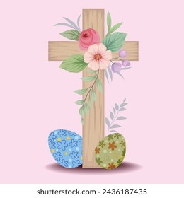 Wood crosses decorated with flowers, Easter religious symbol for the design of church holidays