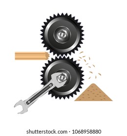 Wood Crusher, Spanner, Sawdust, Board, Gear. Mechanism,machine. Vector Illustration