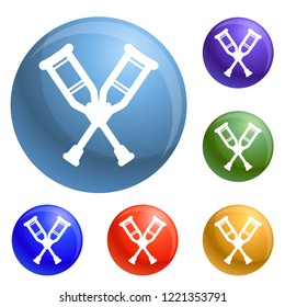 Wood crutches icons set vector 6 color isolated on white background