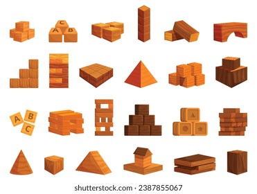 Wood cube block icons set cartoon vector. Game education toy. Arch tower