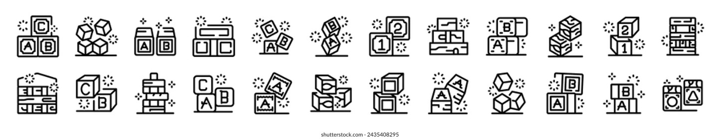 Wood cube block icons set outline vector. Game education. Toy pillar arch tower