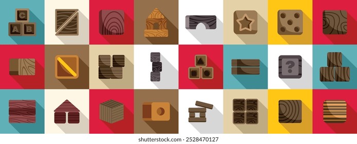 Conjunto de iconos de bloque de cubo de madera. Conjunto de iconos vectoriales planos que representan varios bloques de juguete de madera, capturando la esencia del aprendizaje lúdico y la creatividad